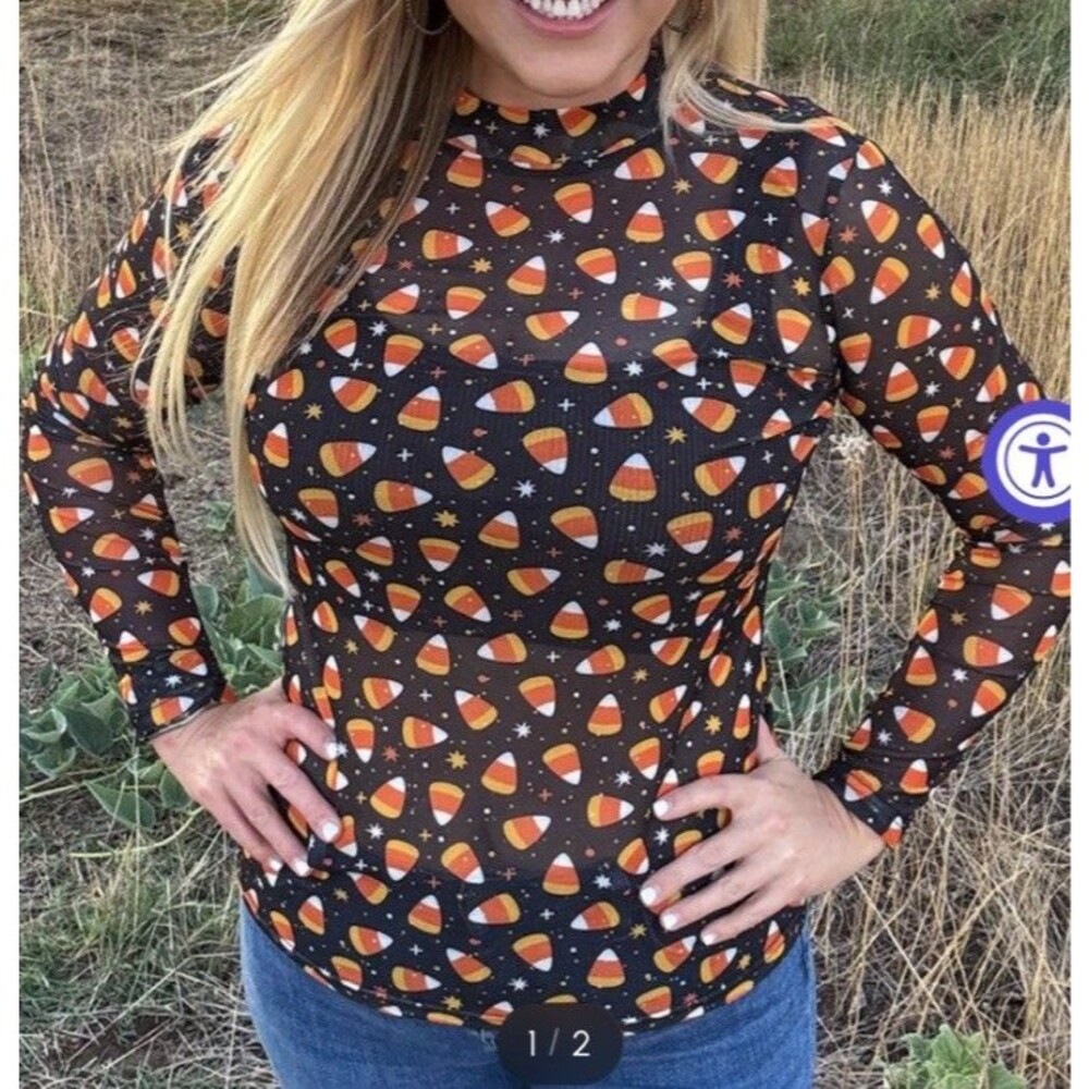 Candy corn Top Halloween mesh long sleeve shirt Womens Small New Candycorn Candy